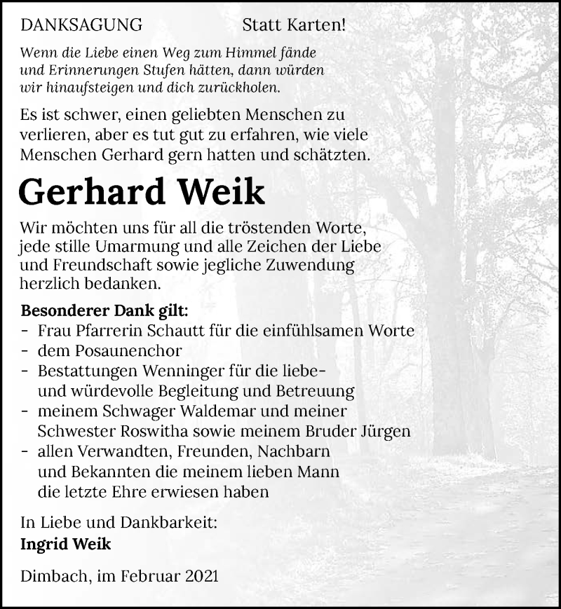 Traueranzeige für Gerhard Weik vom 27.02.2021 aus GESAMT