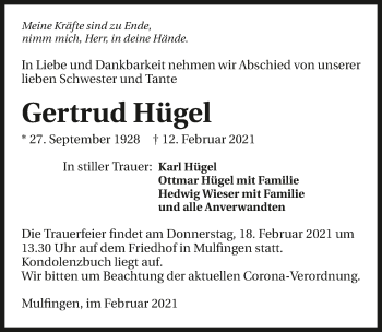 Traueranzeige von Gertrud Hügel von GESAMT