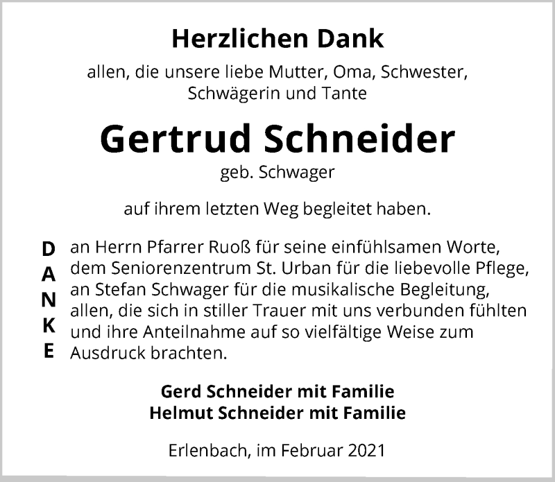  Traueranzeige für Gertrud Schneider vom 04.02.2021 aus GESAMT