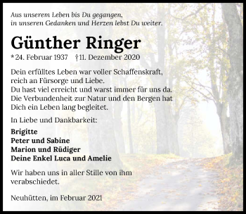 Traueranzeige von Günther Ringer von GESAMT