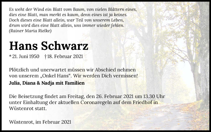  Traueranzeige für Hans Schwarz vom 23.02.2021 aus GESAMT