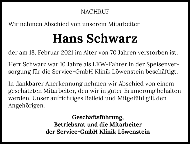  Traueranzeige für Hans Schwarz vom 24.02.2021 aus GESAMT