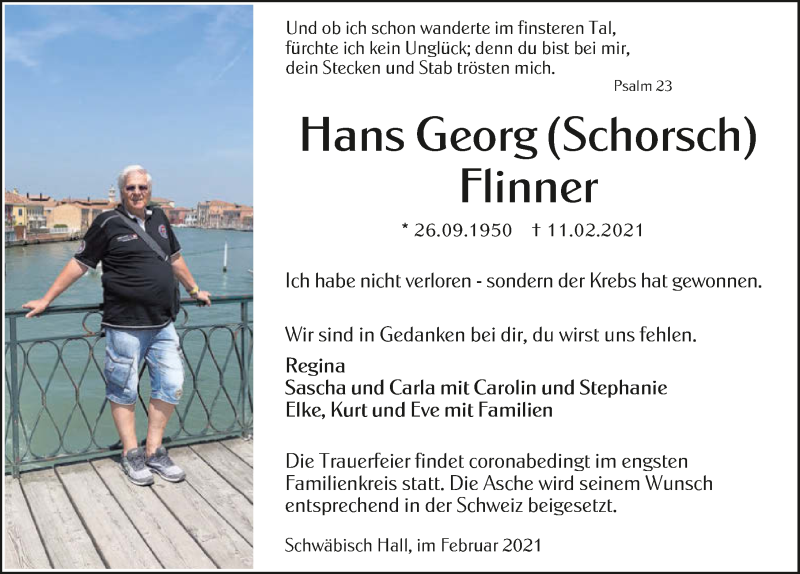  Traueranzeige für Hans Georg Flinner vom 17.02.2021 aus GESAMT