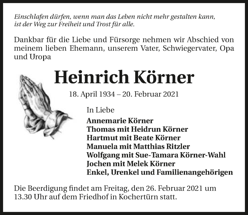  Traueranzeige für Heinrich Körner vom 24.02.2021 aus GESAMT