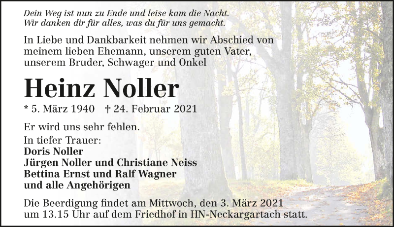  Traueranzeige für Heinz Noller vom 27.02.2021 aus GESAMT
