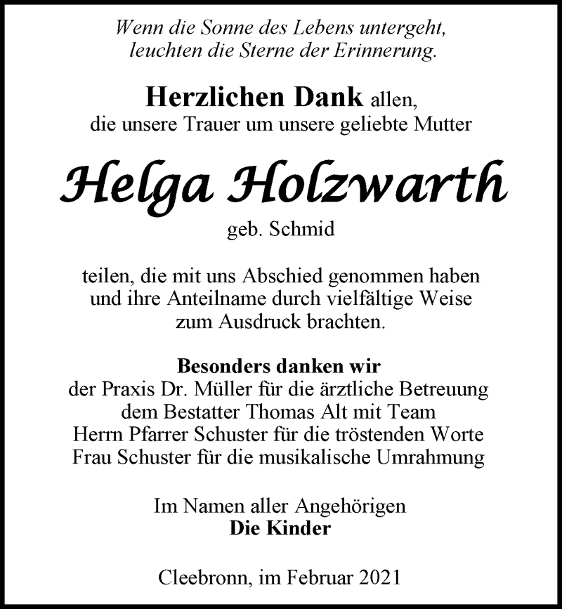  Traueranzeige für Helga Holzwarth vom 20.02.2021 aus GESAMT