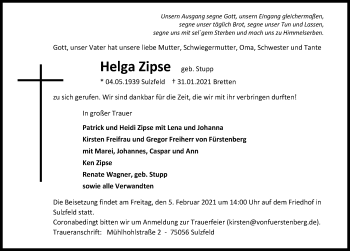Traueranzeige von Helga Zipse von GESAMT