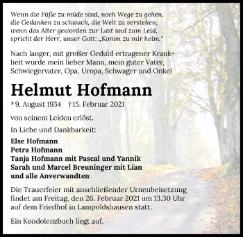 Traueranzeige von Helmut Hofmann von GESAMT