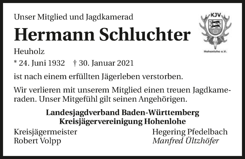  Traueranzeige für Hermann Schluchter vom 03.02.2021 aus GESAMT