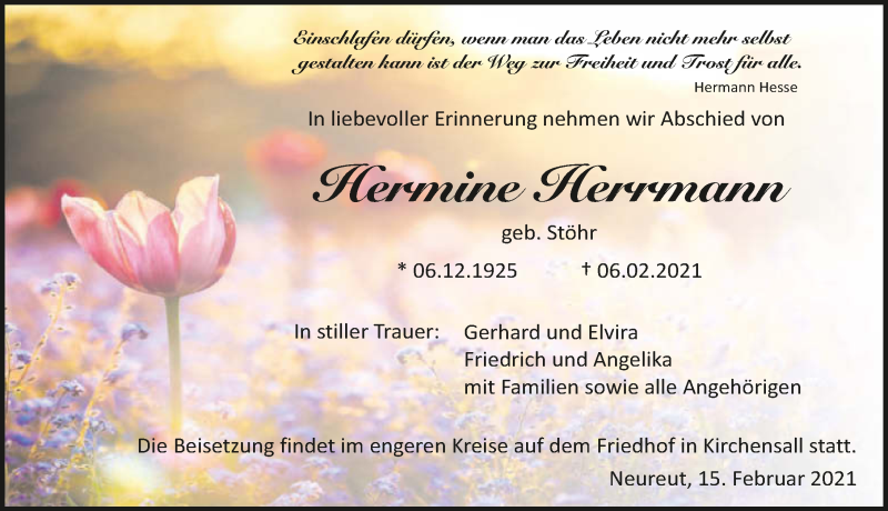  Traueranzeige für Hermine Herrmann vom 15.02.2021 aus GESAMT