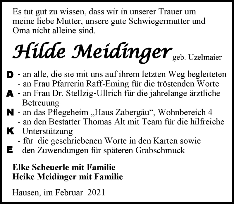  Traueranzeige für Hilde Meidinger vom 27.02.2021 aus GESAMT