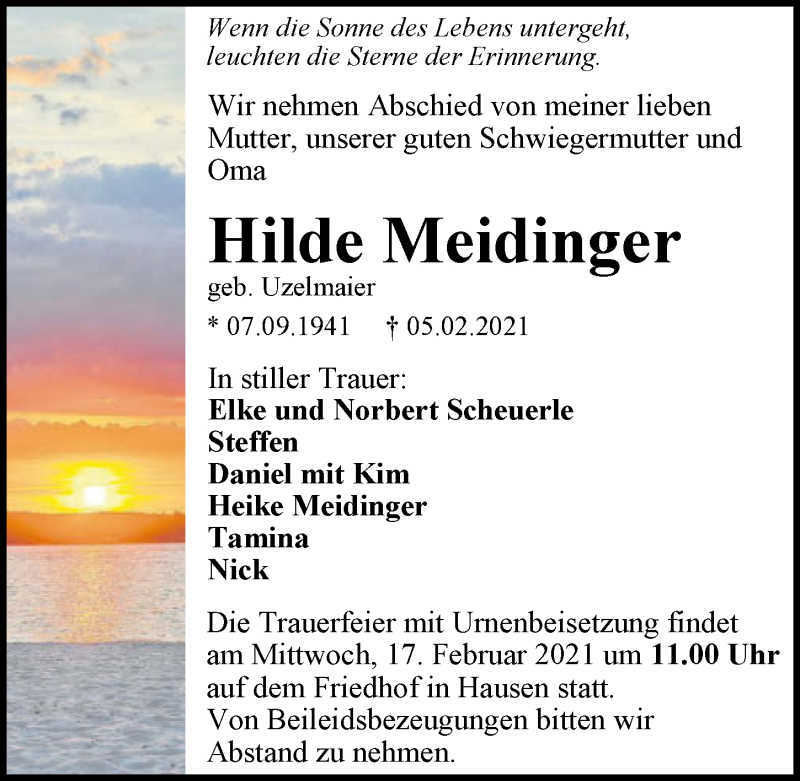  Traueranzeige für Hilde Meidinger vom 13.02.2021 aus GESAMT