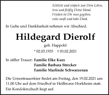 Traueranzeige von Hildegard Dierolf von GESAMT