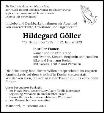Traueranzeige von Hildegard Göller von GESAMT