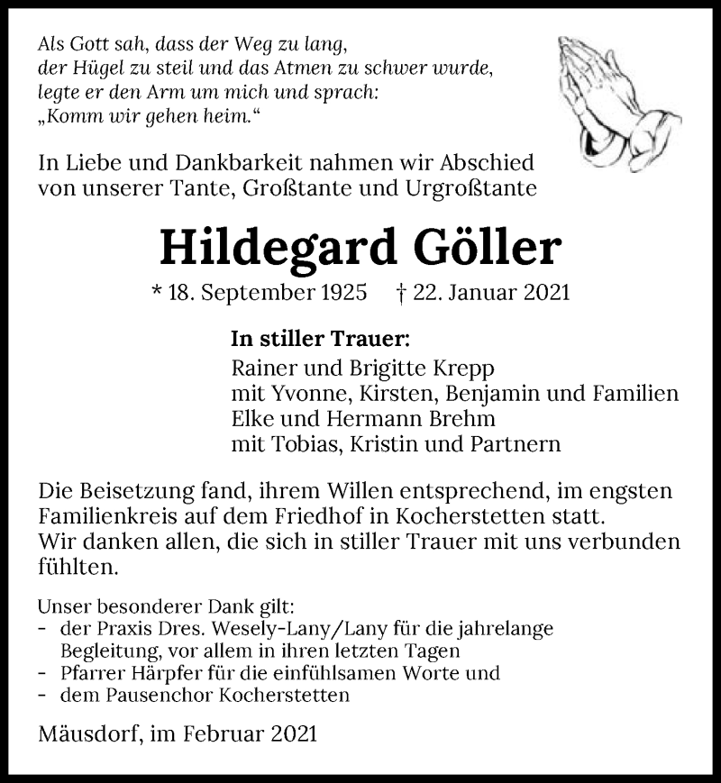  Traueranzeige für Hildegard Göller vom 09.02.2021 aus GESAMT