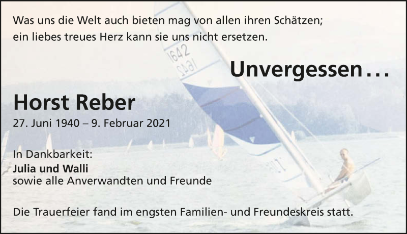  Traueranzeige für Horst Reber vom 27.02.2021 aus GESAMT