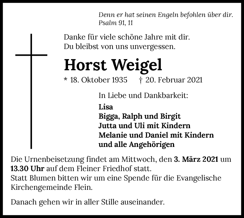  Traueranzeige für Horst Weigel vom 24.02.2021 aus GESAMT