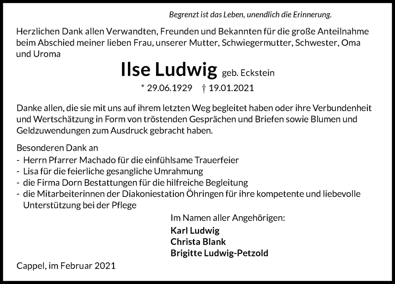  Traueranzeige für Ilse Ludwig vom 13.02.2021 aus GESAMT