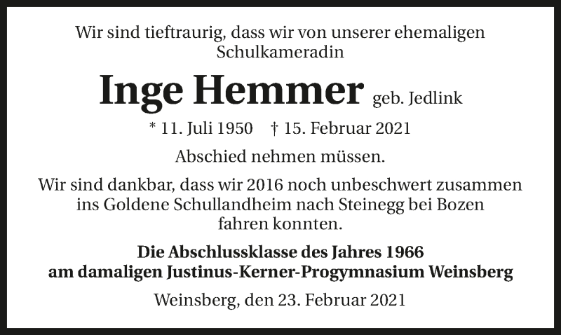 Traueranzeige für Inge Hemmer vom 23.02.2021 aus GESAMT