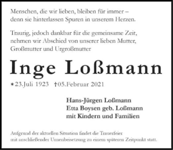 Traueranzeige von Inge Loßmann von GESAMT