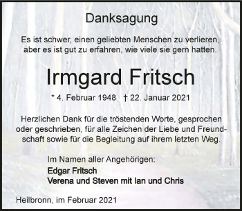 Traueranzeige von Irmgard Fritsch von GESAMT