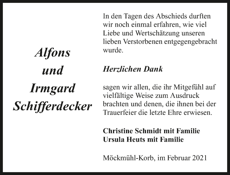  Traueranzeige für Irmgard Schifferdecker vom 12.02.2021 aus GESAMT