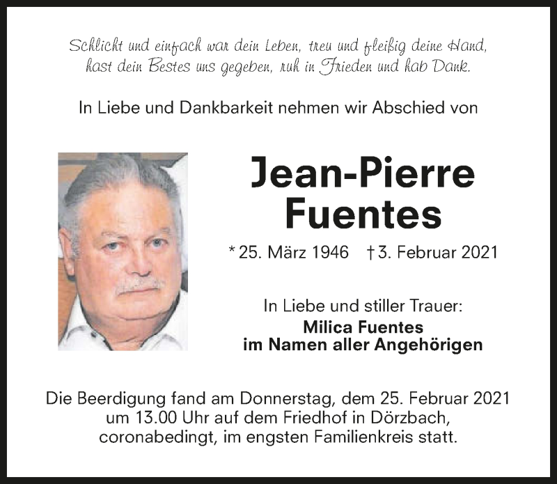  Traueranzeige für Jean-Pierre Fuentes vom 27.02.2021 aus GESAMT
