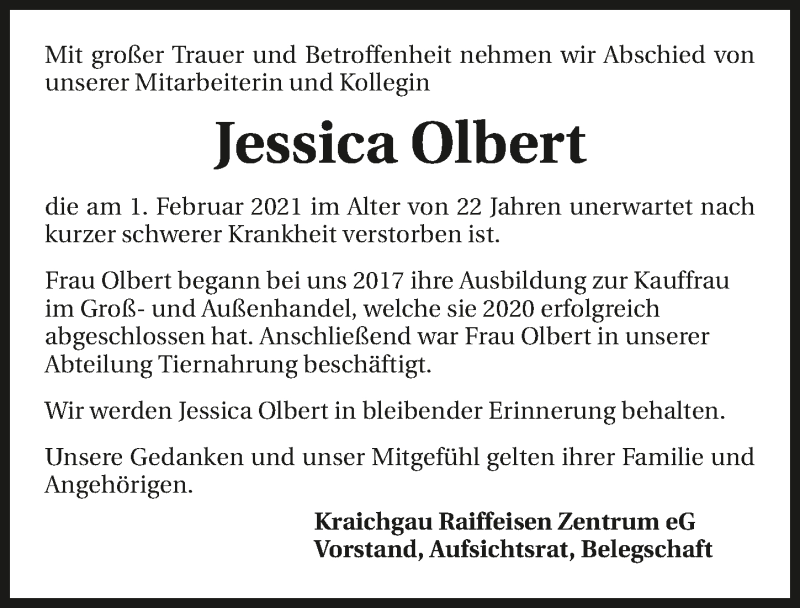  Traueranzeige für Jessica Olbert vom 03.02.2021 aus GESAMT