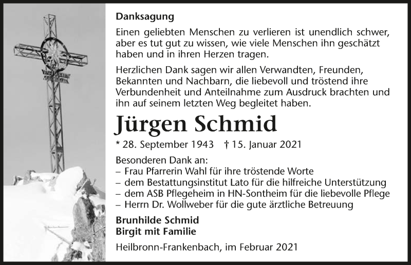  Traueranzeige für Jürgen Schmid vom 04.02.2021 aus GESAMT