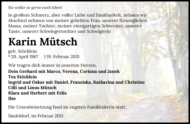  Traueranzeige für Karin Mütsch vom 27.02.2021 aus GESAMT