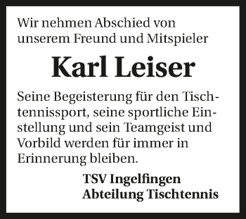 Traueranzeige von Karl Leiser von GESAMT