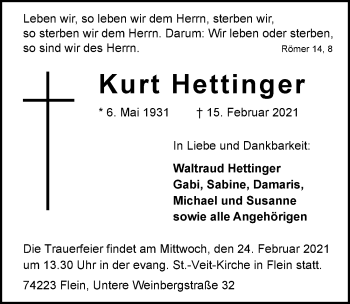 Traueranzeige von Kurt Hettinger von GESAMT