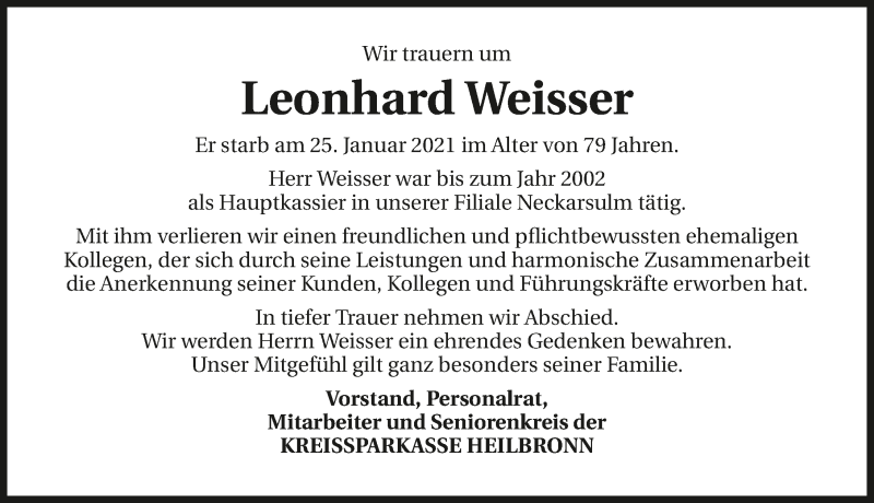  Traueranzeige für Leonhard Weisser vom 09.02.2021 aus GESAMT
