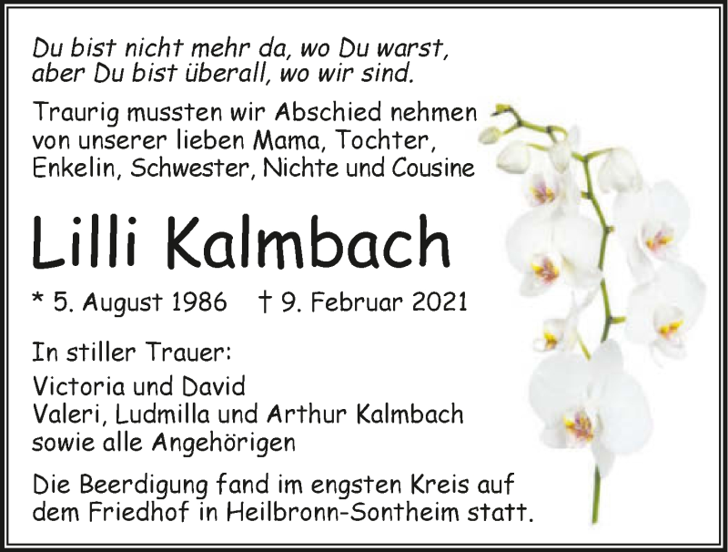  Traueranzeige für Lilli Kalmbach vom 16.02.2021 aus GESAMT