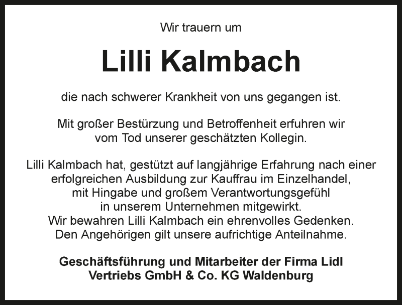  Traueranzeige für Lilli Kalmbach vom 16.02.2021 aus GESAMT