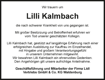 Traueranzeige von Lilli Kalmbach von GESAMT