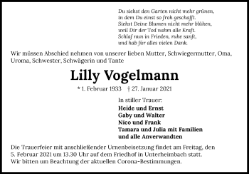 Traueranzeige von Lilly Vogelmann von GESAMT