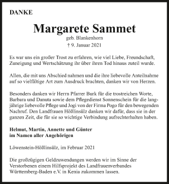 Traueranzeige von Margarete Sammet von GESAMT