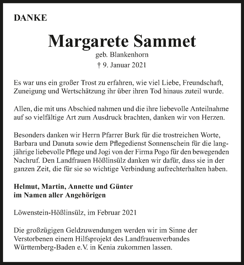  Traueranzeige für Margarete Sammet vom 06.02.2021 aus GESAMT