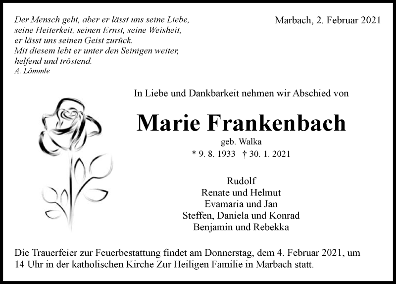  Traueranzeige für Marie Frankenbach vom 02.02.2021 aus GESAMT