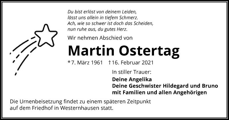  Traueranzeige für Martin Ostertag vom 23.02.2021 aus GESAMT