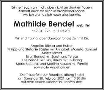 Traueranzeige von Mathilde Bendel von GESAMT