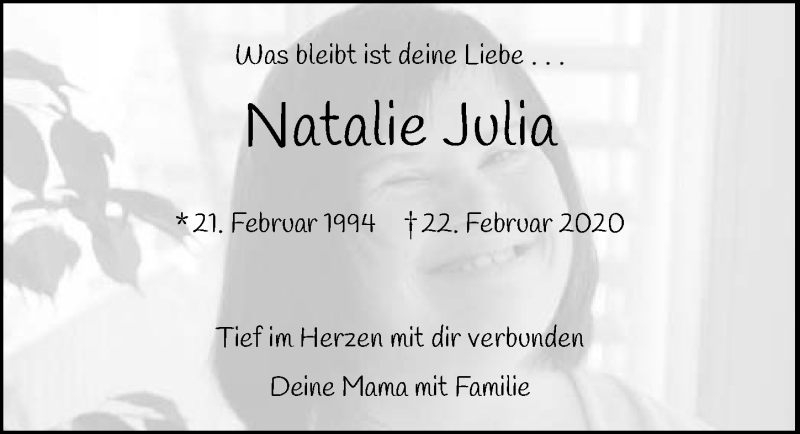  Traueranzeige für Natalie Julia Hettler vom 22.02.2021 aus GESAMT
