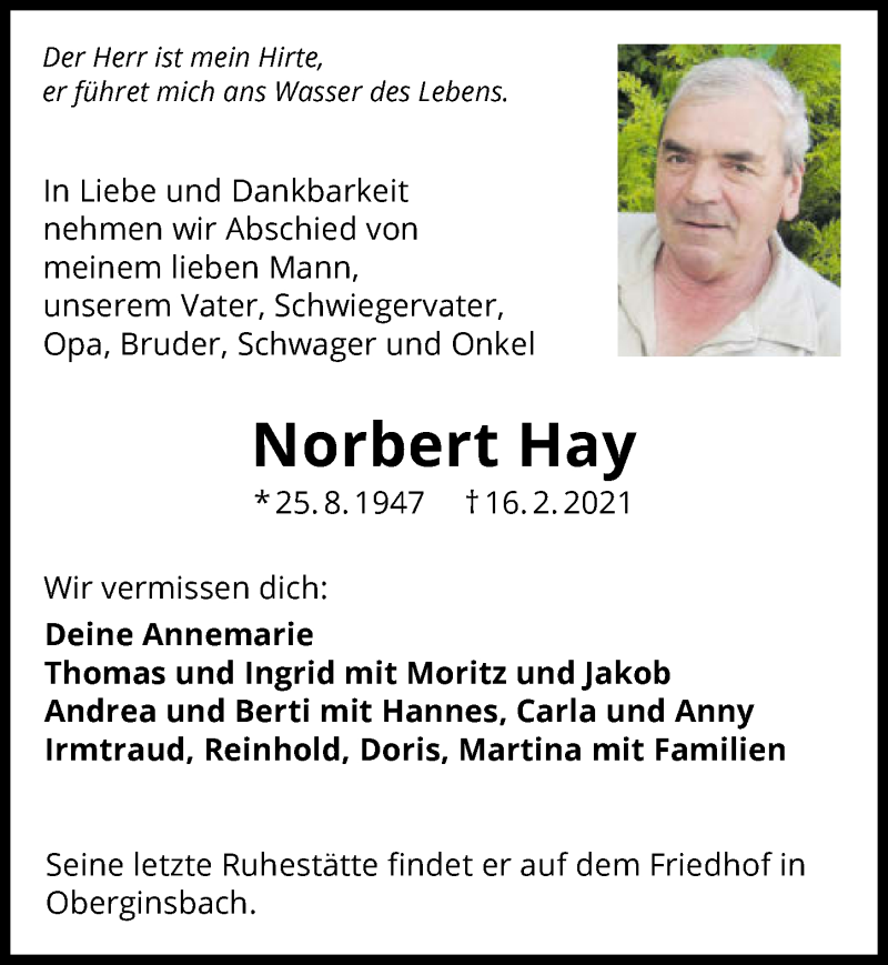  Traueranzeige für Norbert Hay vom 18.02.2021 aus GESAMT