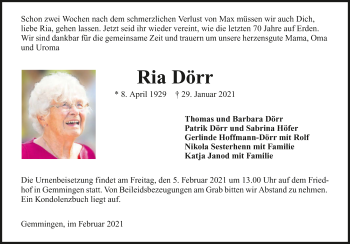 Traueranzeige von Ria Dörr von GESAMT