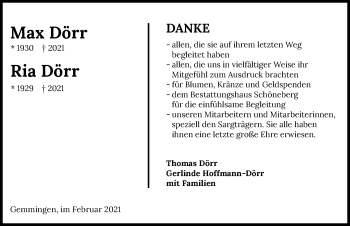 Traueranzeige von Ria Dörr von GESAMT