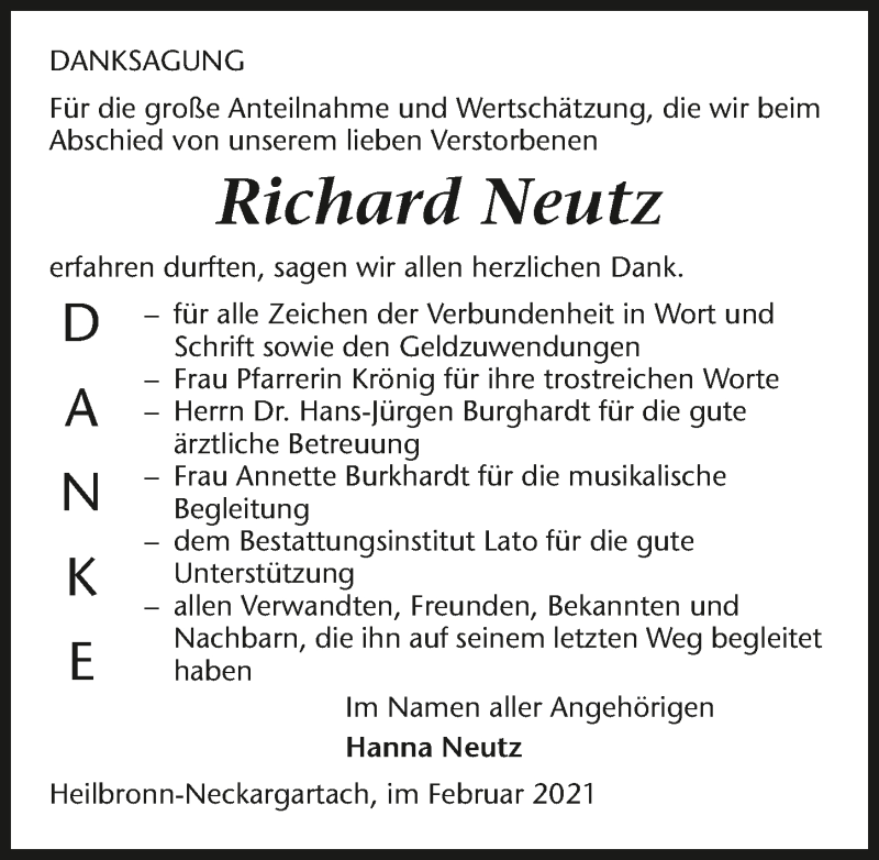  Traueranzeige für Richard Neutz vom 12.02.2021 aus GESAMT