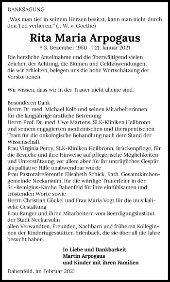 Traueranzeige von Rita Maria Arpogaus von GESAMT