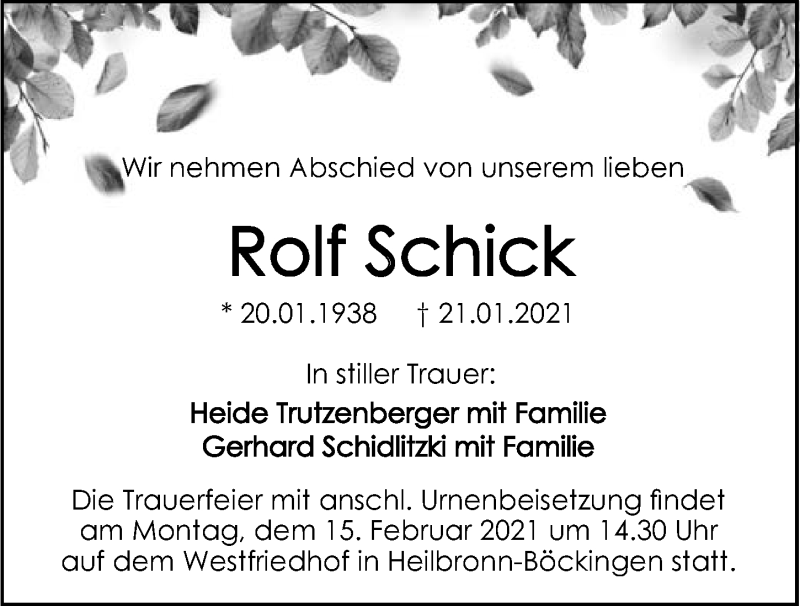  Traueranzeige für Rolf Schick vom 06.02.2021 aus GESAMT