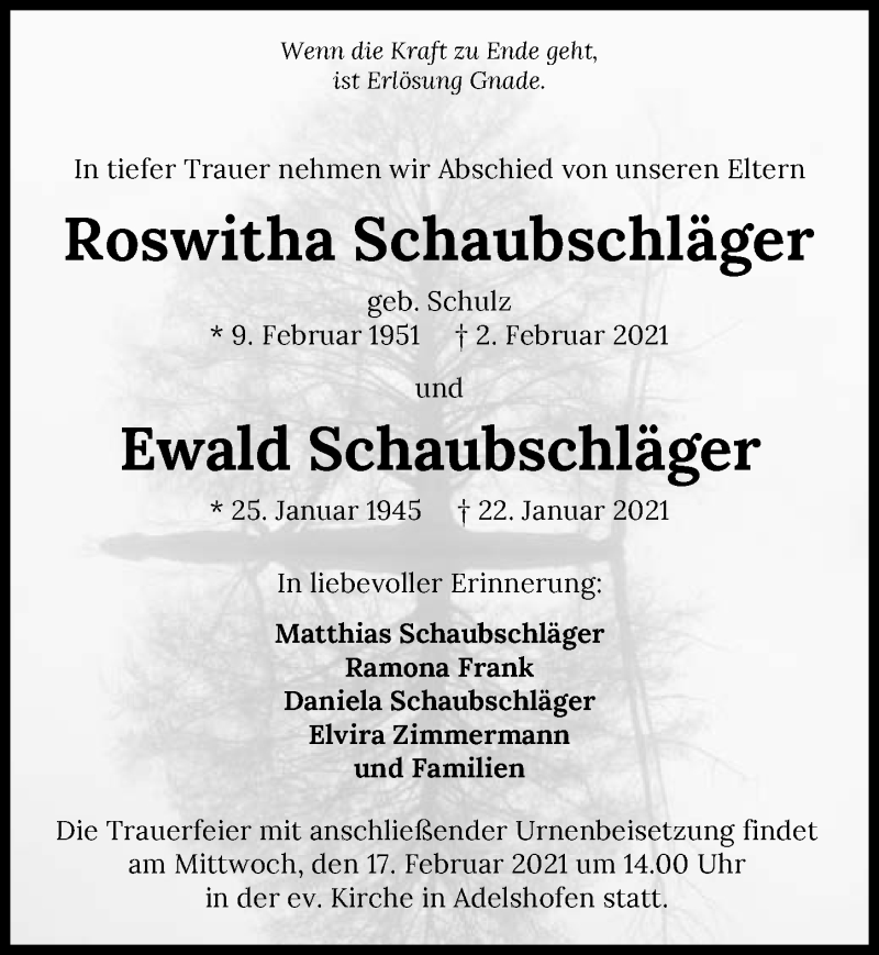  Traueranzeige für Roswitha Schaubschläger vom 16.02.2021 aus GESAMT